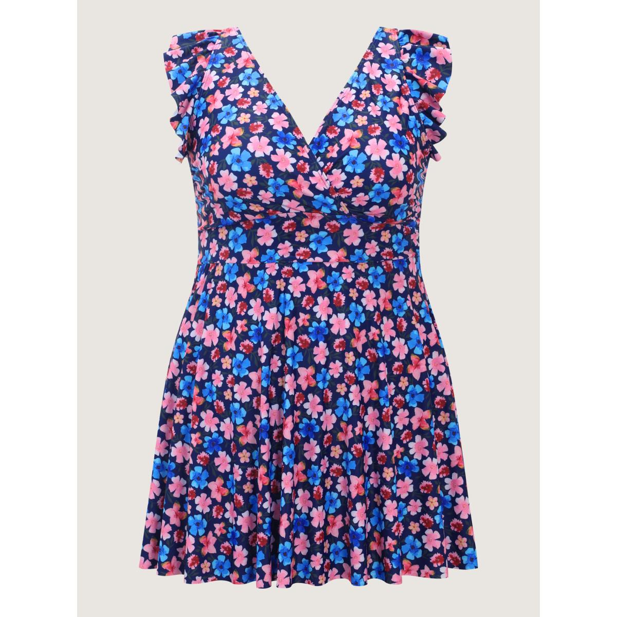 Plus Size Floral Flutter Sleeve Flowy Swim Dress Women's Swimwear Indigo Resort Bodycon Overlap Collar High stretch Curve Swim Dresses BloomChic 18-20/2X Product Image