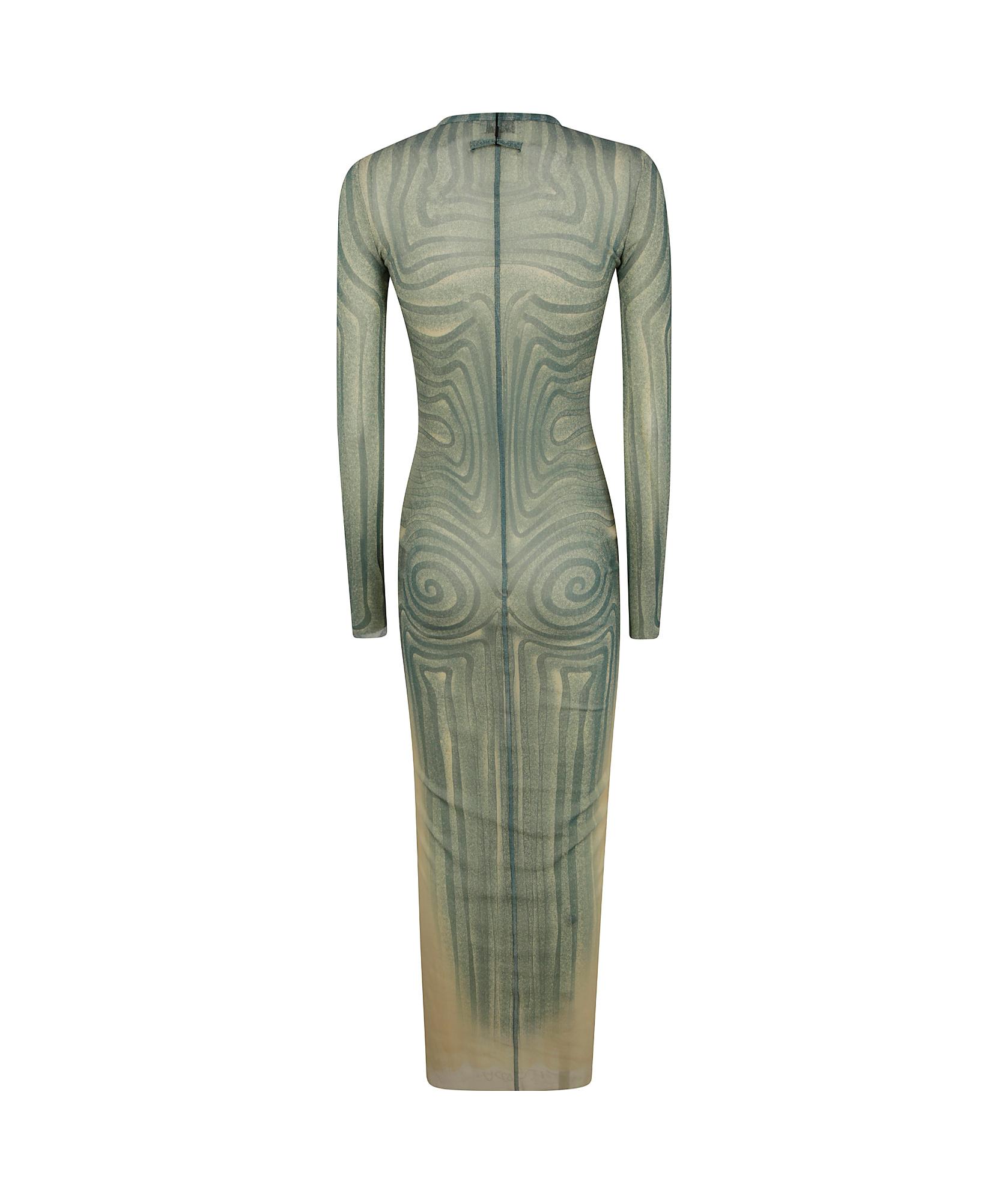 JEAN PAUL GAULTIER Mesh Long Dress With Spiral Print And Ruffles In Beige Product Image