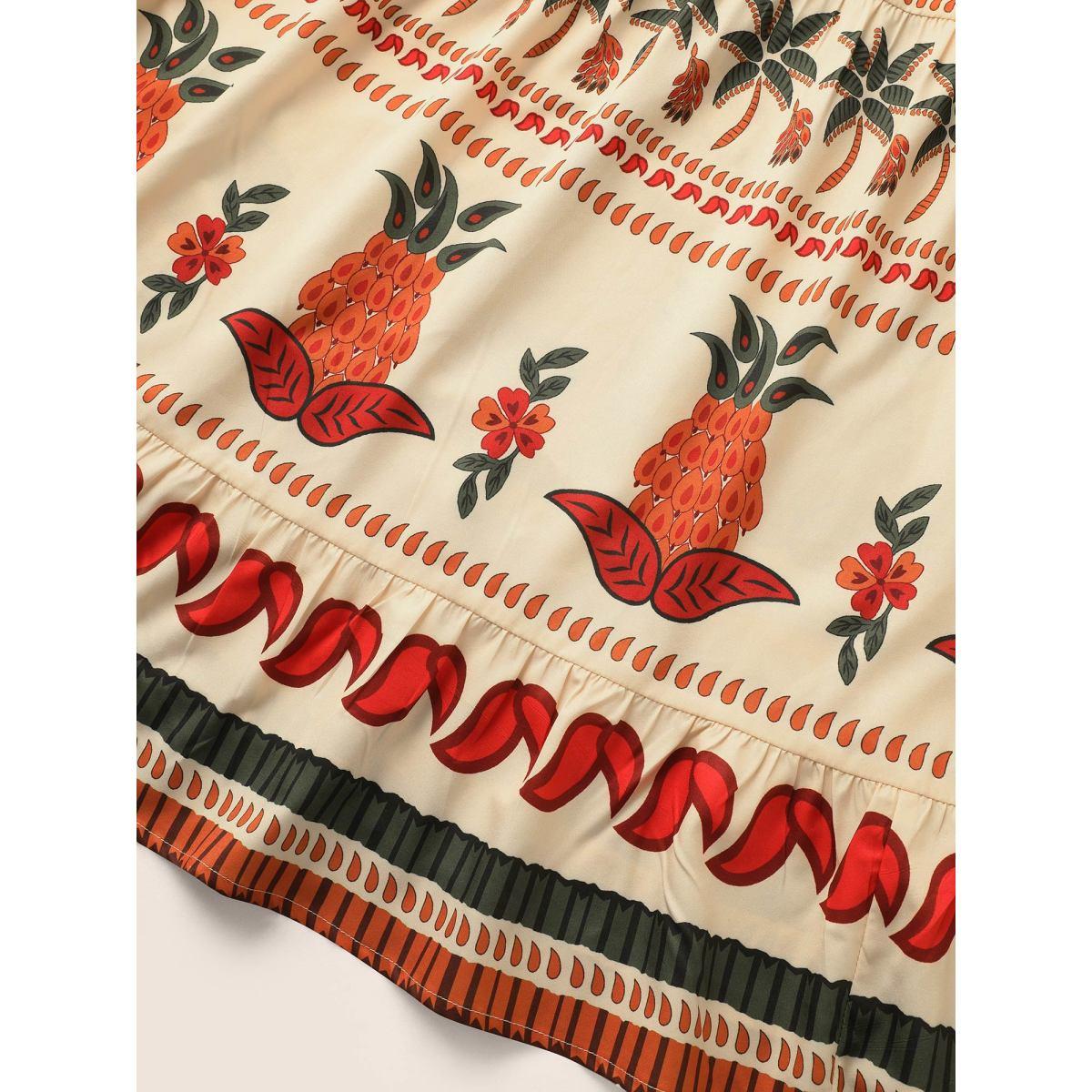 Plus Size Boho Print Notched Collar Patchwork Belted Dress Apricot Women Resort Non Notched collar Elbow-length sleeve Curvy Midi Dress BloomChic 18-20/2X Product Image