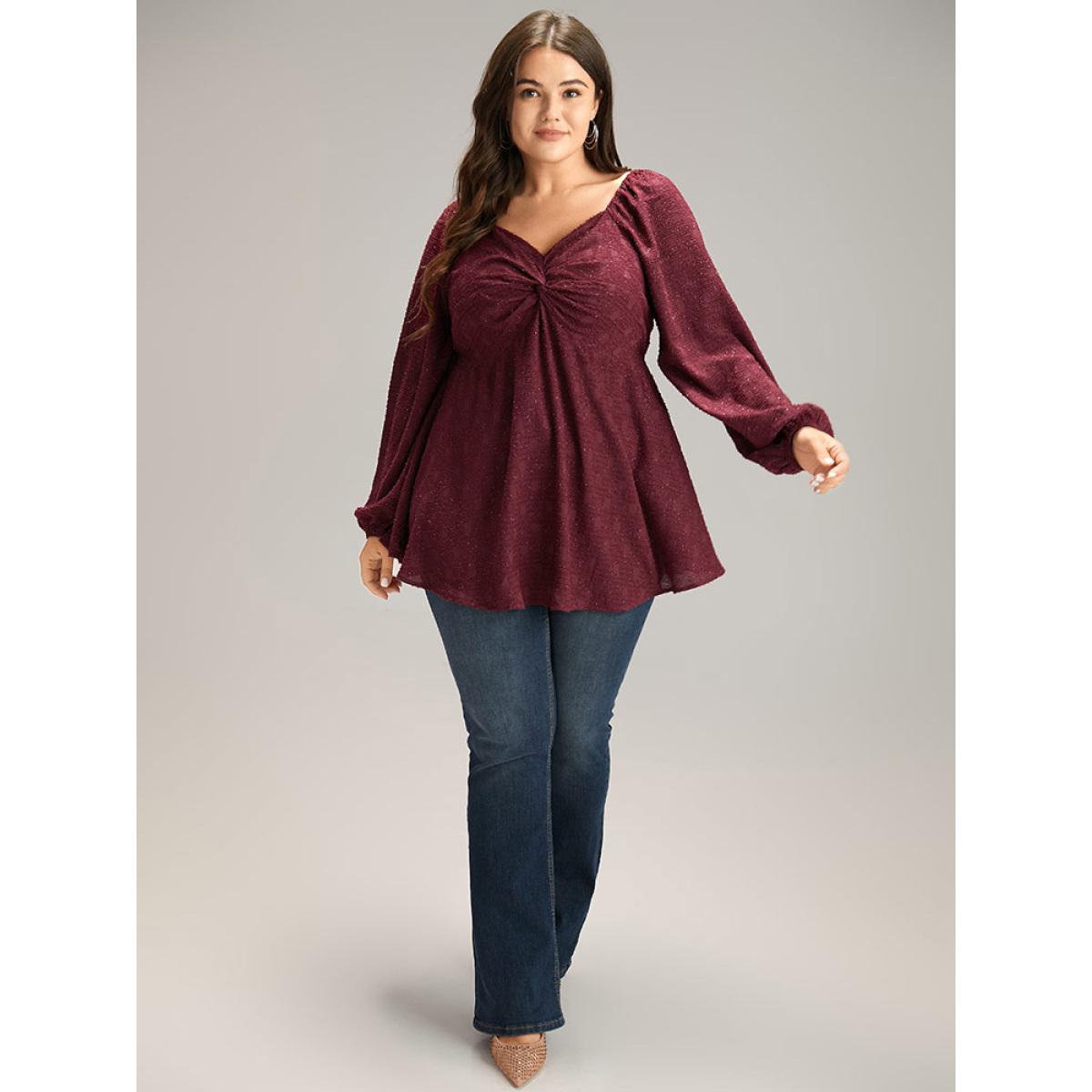 Plus Size Scarlet Solid Glitter Twist Front Gathered Blouse Women Cocktail Long Sleeve V-neck Party Blouses BloomChic 30/6X Product Image