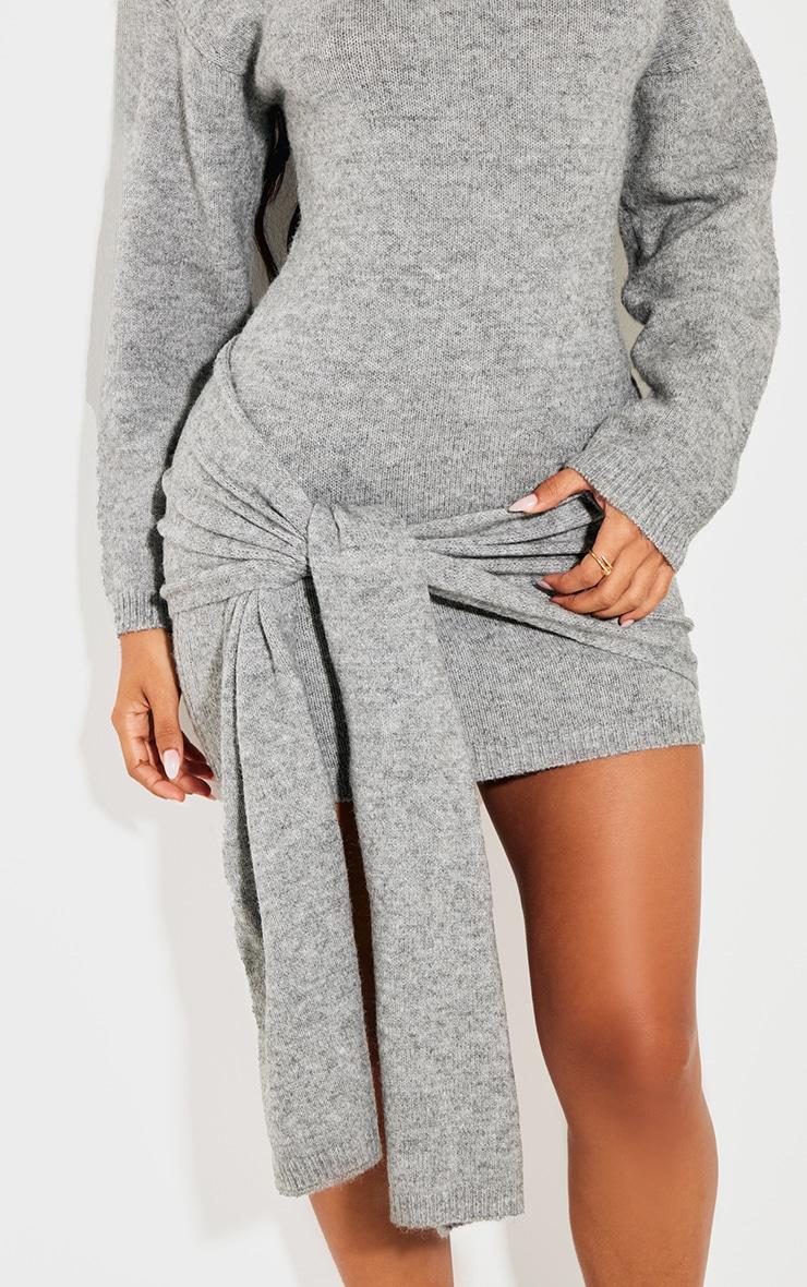 Petite Grey Knit Slouchy Mini Dress With Tie Wrap Around Product Image