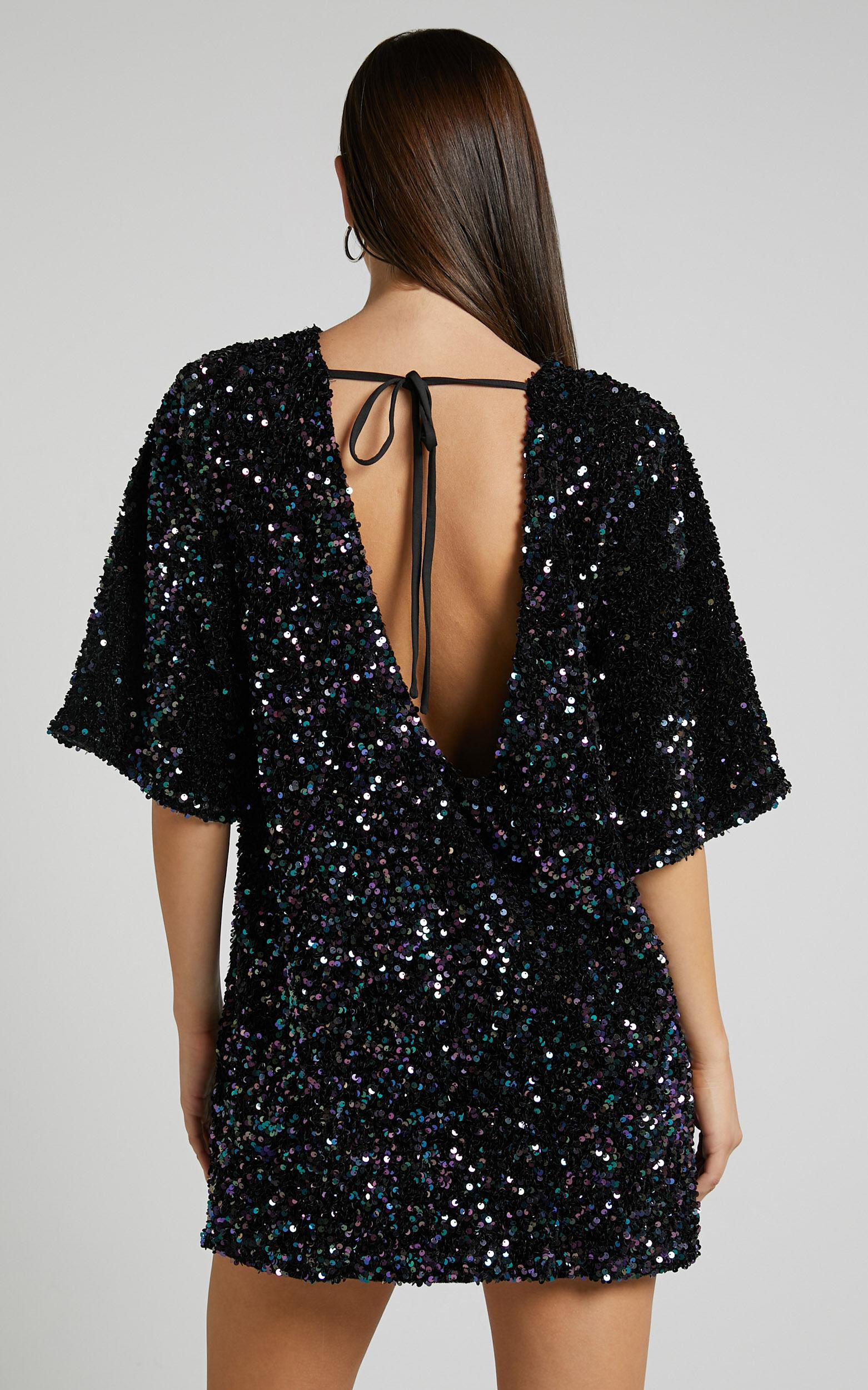 Valetta Mini Dress - Sequin low back shift dress in Midnight Blue Sequin Product Image