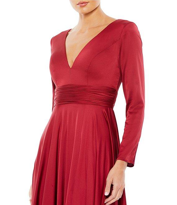 Ieena for Mac Duggal Deep V-Neck 3/4 Sleeve Satin A-Line Thigh High Slit Gown Product Image