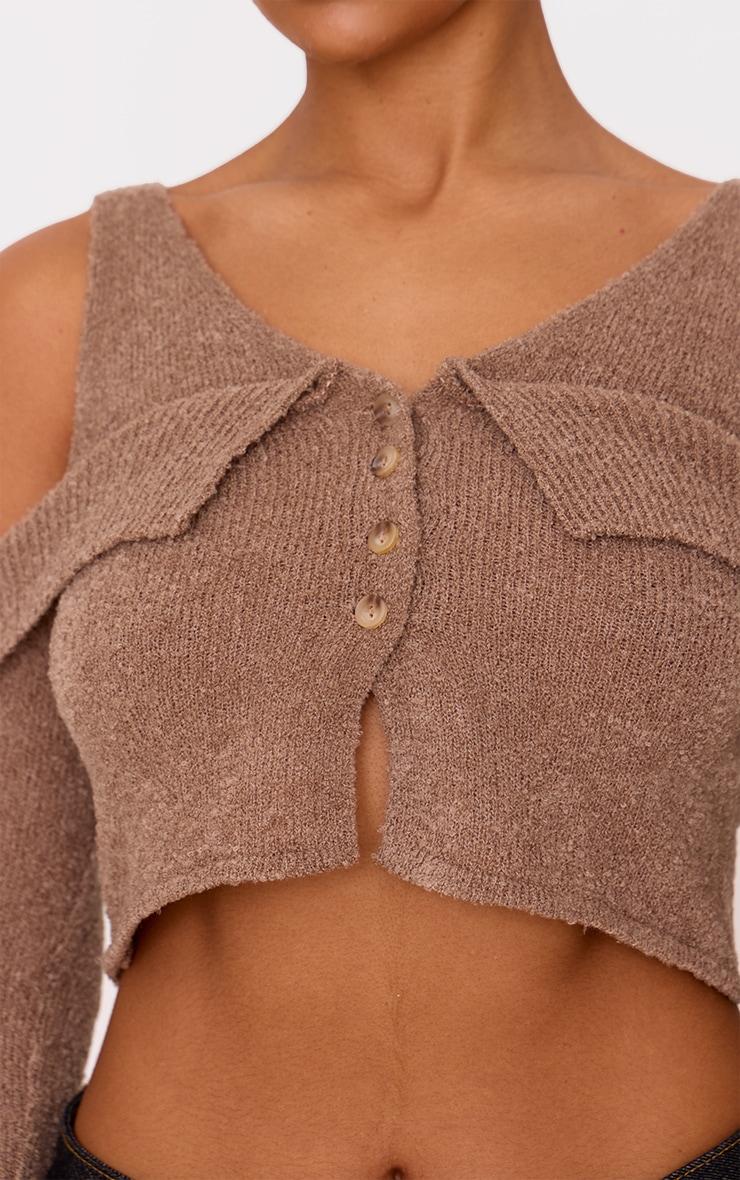 Taupe Boucle Knit Cold Shoulder Button Up Top Product Image