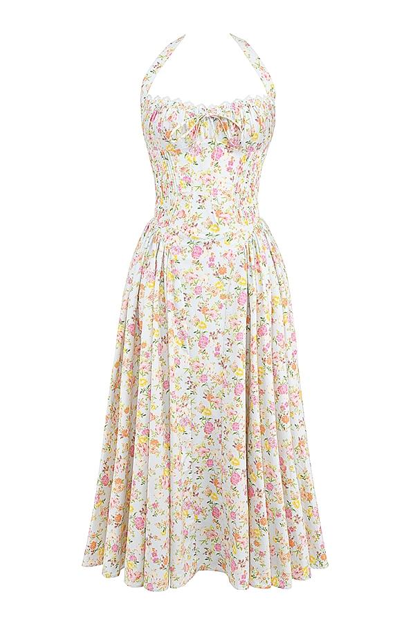 Adabella  pale blue meadow print cotton halter sundress Product Image