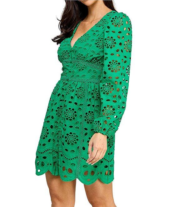 Layered With Love Kris Cotton Eyelet Knit V-Neck Long Sleeve Trim Detail Fit & Flare Dress Product Image