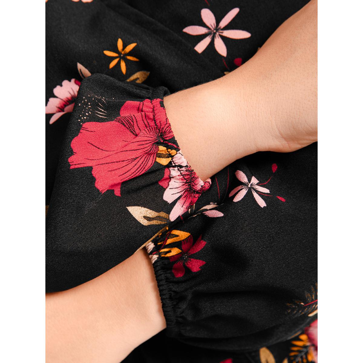 Plus Size Floral Ruffle Lantern Sleeve Pocket Belted Asymmetrical Hem Dress Black Women Elegant Cross straps V-neck Long Sleeve Curvy Long Dress BloomChic 26/4X Product Image