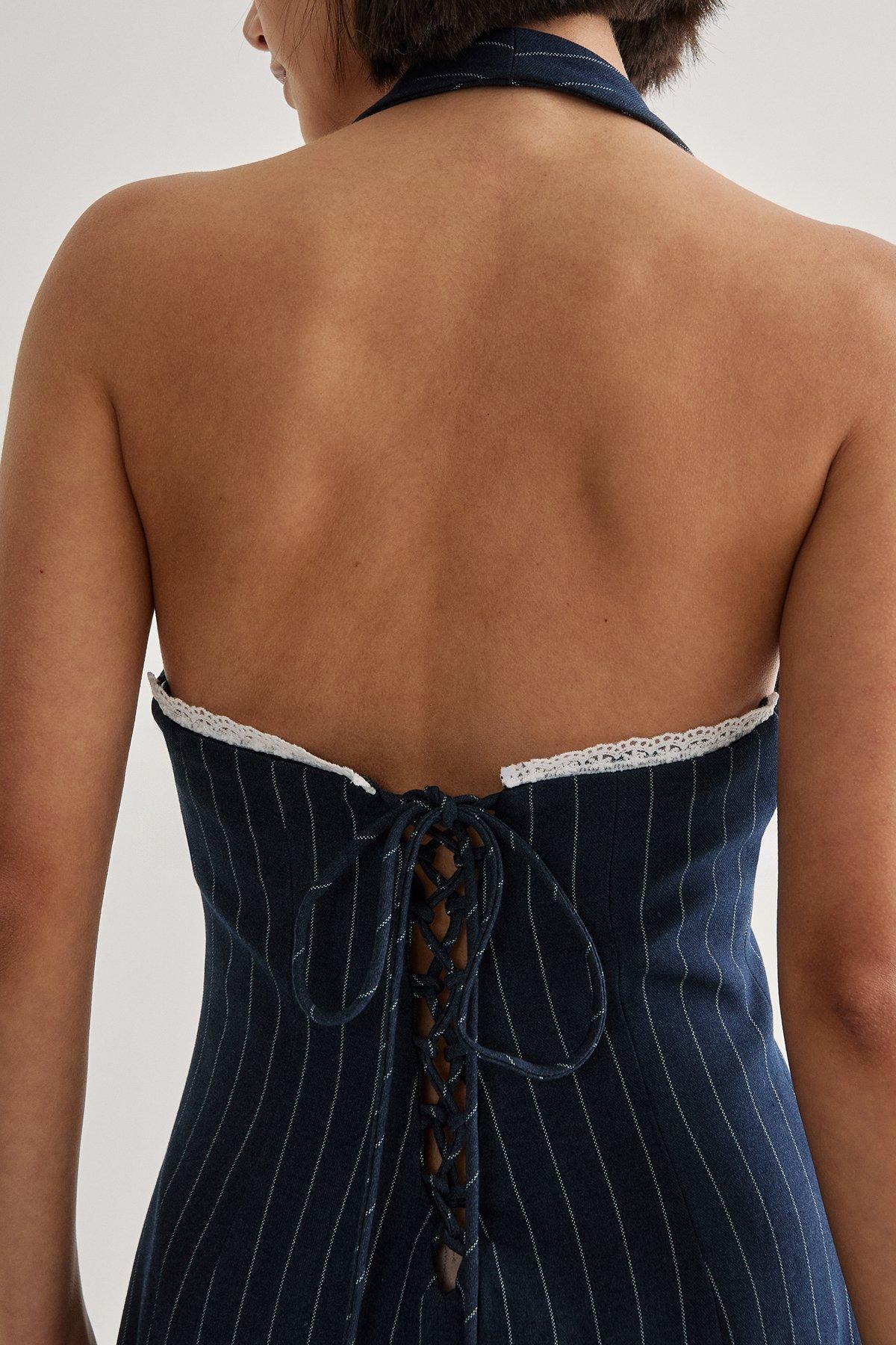 Pinstripe Lace Trim Tailored Waistcoat Dress Product Image