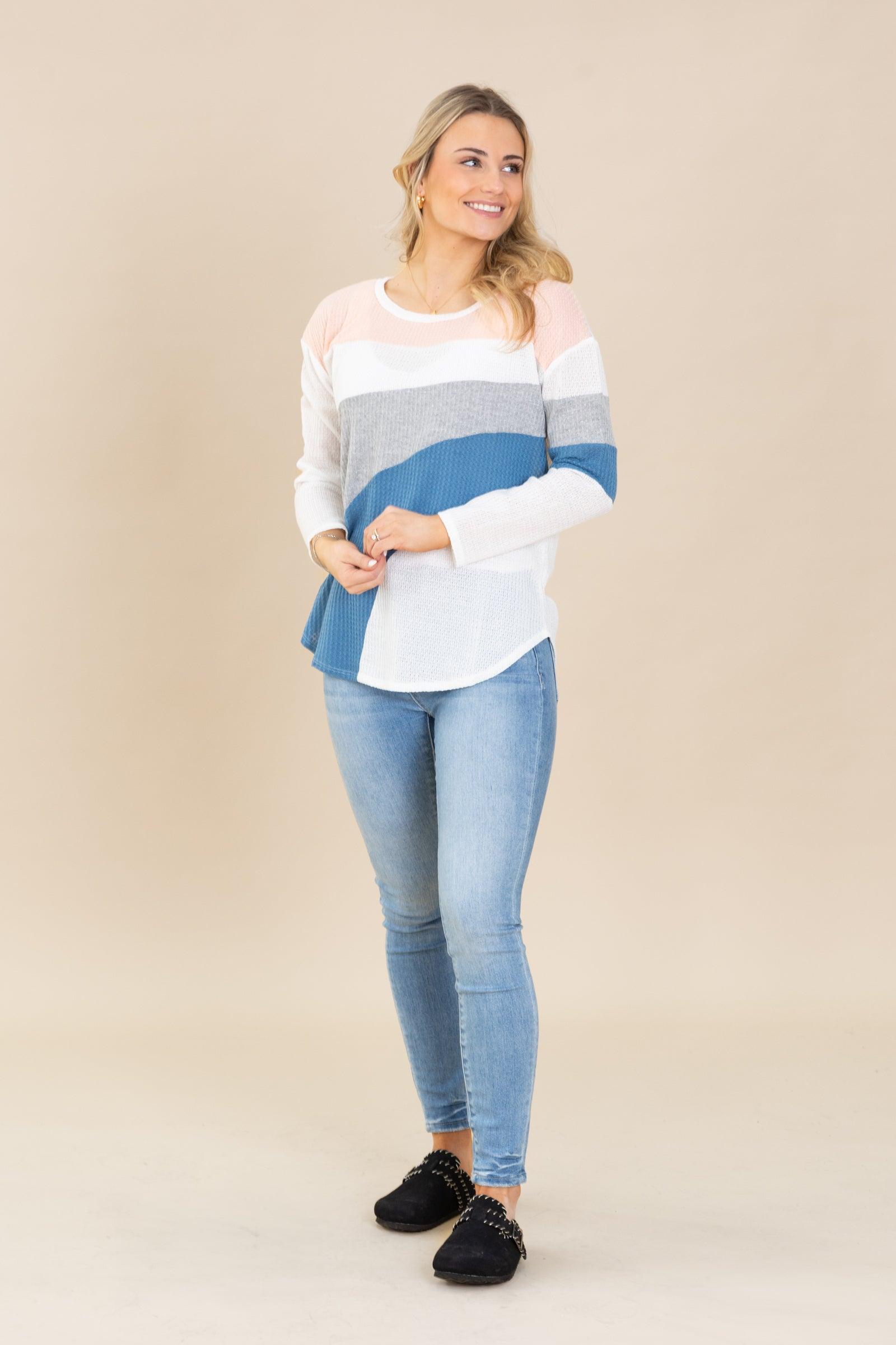 White Colorblock Waffle Knit Top Product Image