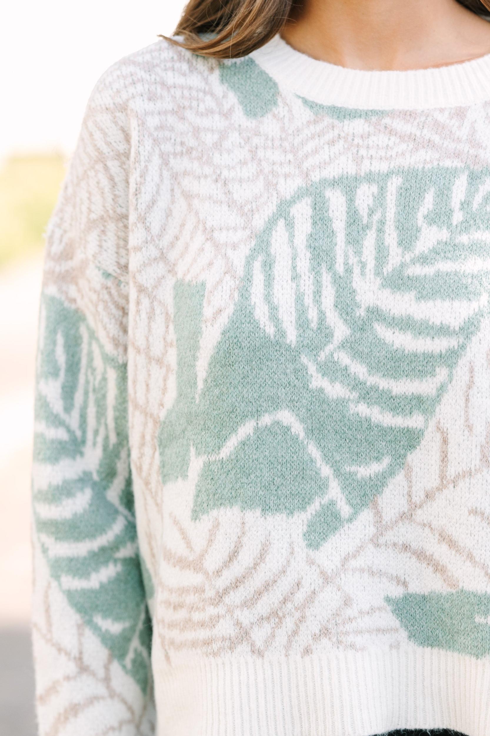 All In Love Sage Green Leaf Print Sweater Female Product Image