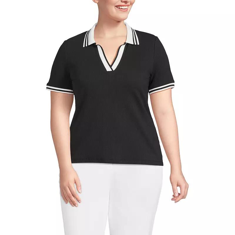Plus Size Lands' End Short Sleeve Ribbed Polo, Women's, Size: 2XL, Blue Dual Stripe Product Image