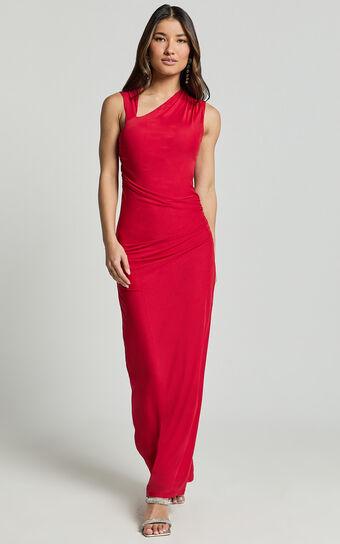 Lara Midi Dress - Asymmetrical Ruched Mesh Dress in Red Product Image