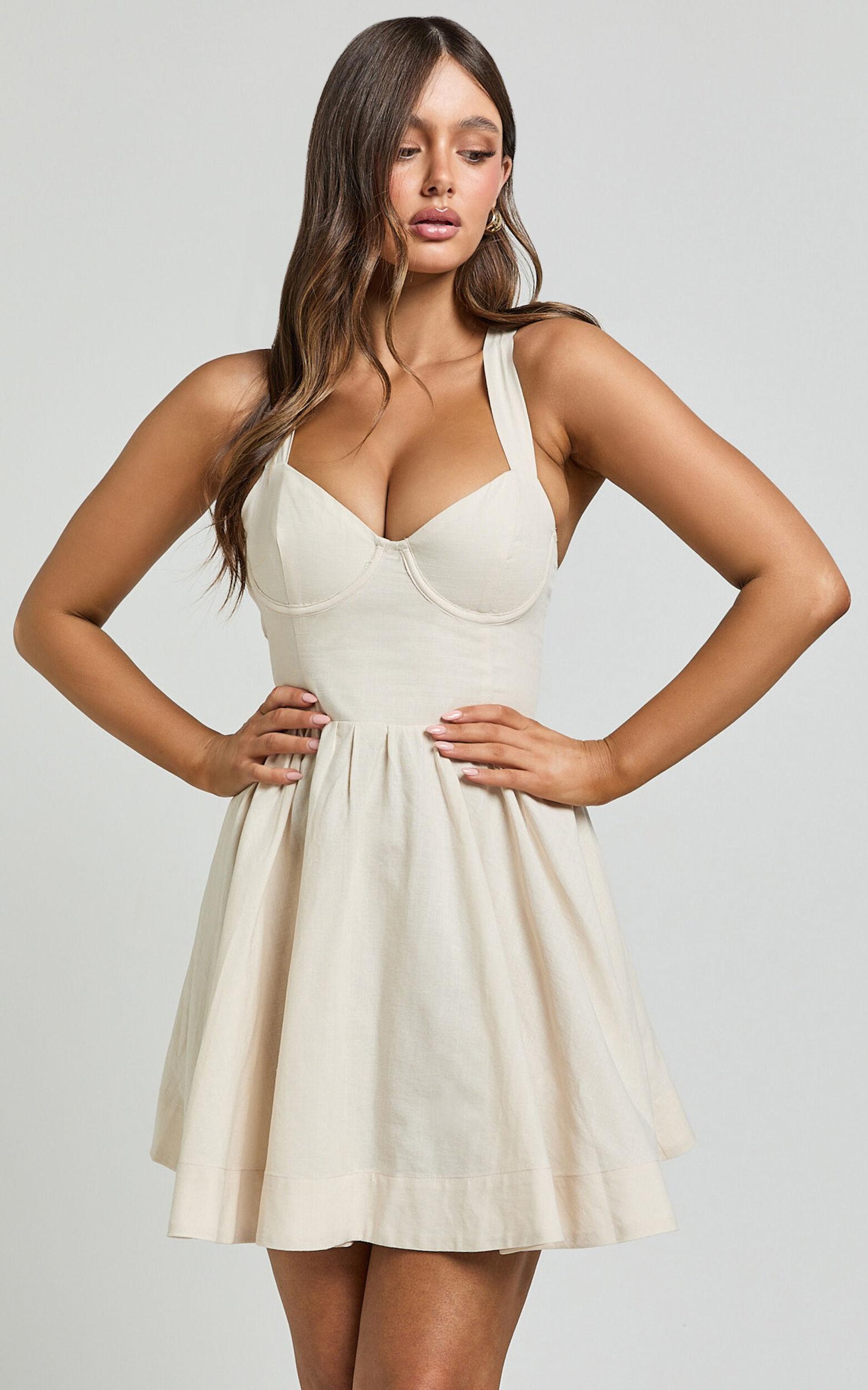 Cathryn Mini Dress - Cross Back Bustier Linen Look Blend Dress in Stone Product Image