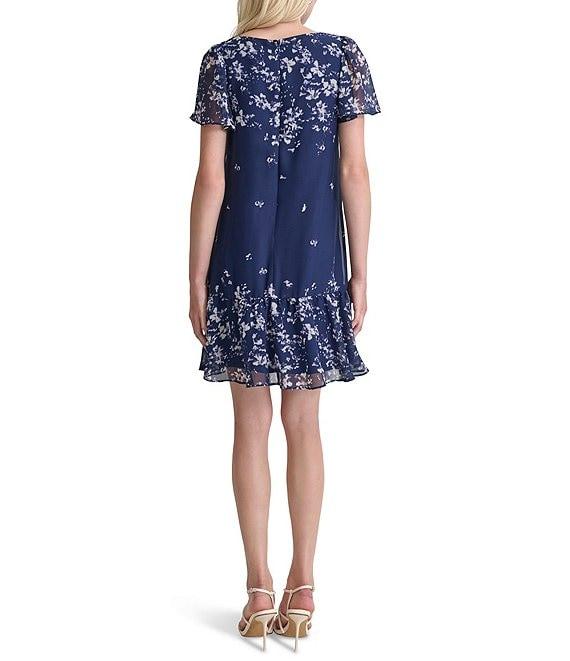DKNY by Donna Karan Woven Floral Print Crew Neck Short Flutter Sleeve Shift Mini Dress Product Image