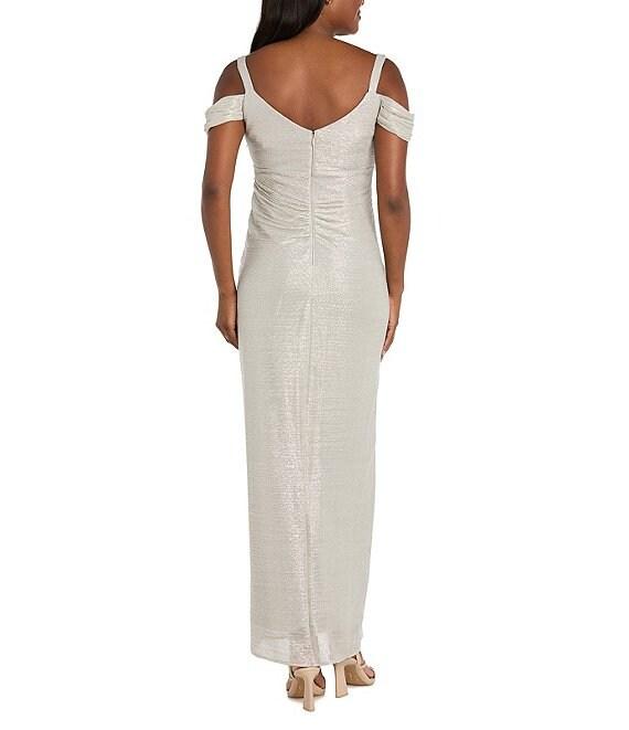 R & M Richards Festival Crinkle Cowl Neck Cold Shoulder Sleeve Metallic Gown Product Image