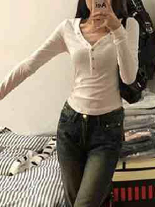 Solid V Neck Snap Button Slim Long Sleeve Knit Product Image