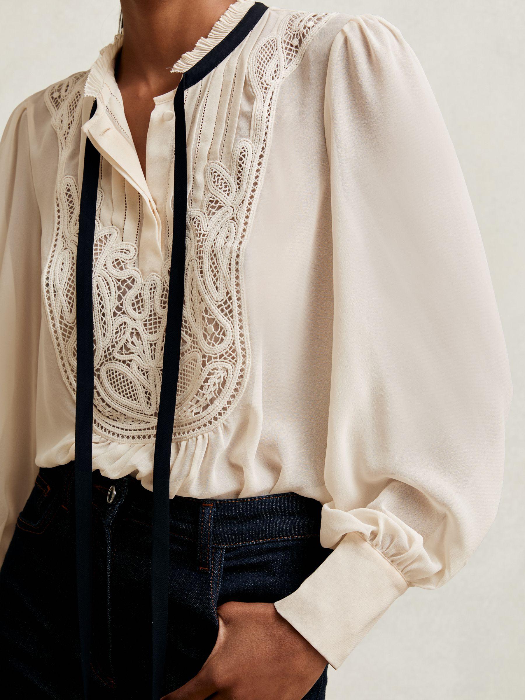 Lace-Embroidered Tie-Neck Shirt in Cream Product Image