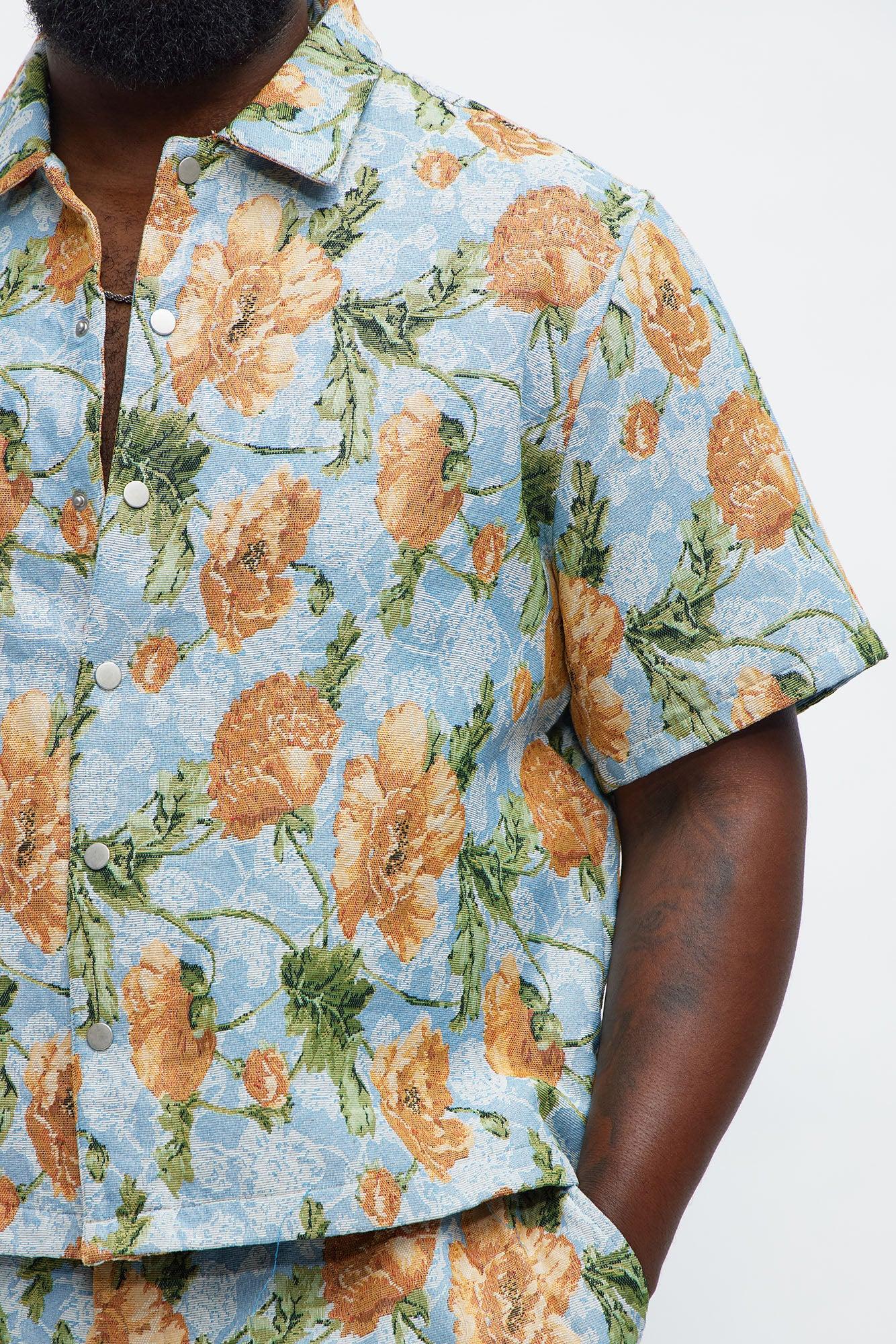 Rose Buds Tapestry Closed Collar Button Up Shirt - Blue/combo Product Image