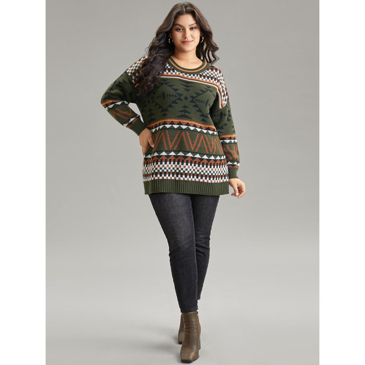 Plus Size Geometric Contrast Crew Neck Drop Shoulder Pullover DarkGreen Women Casual Loose Long Sleeve V-neck Everyday Pullovers BloomChic 30/6X Product Image