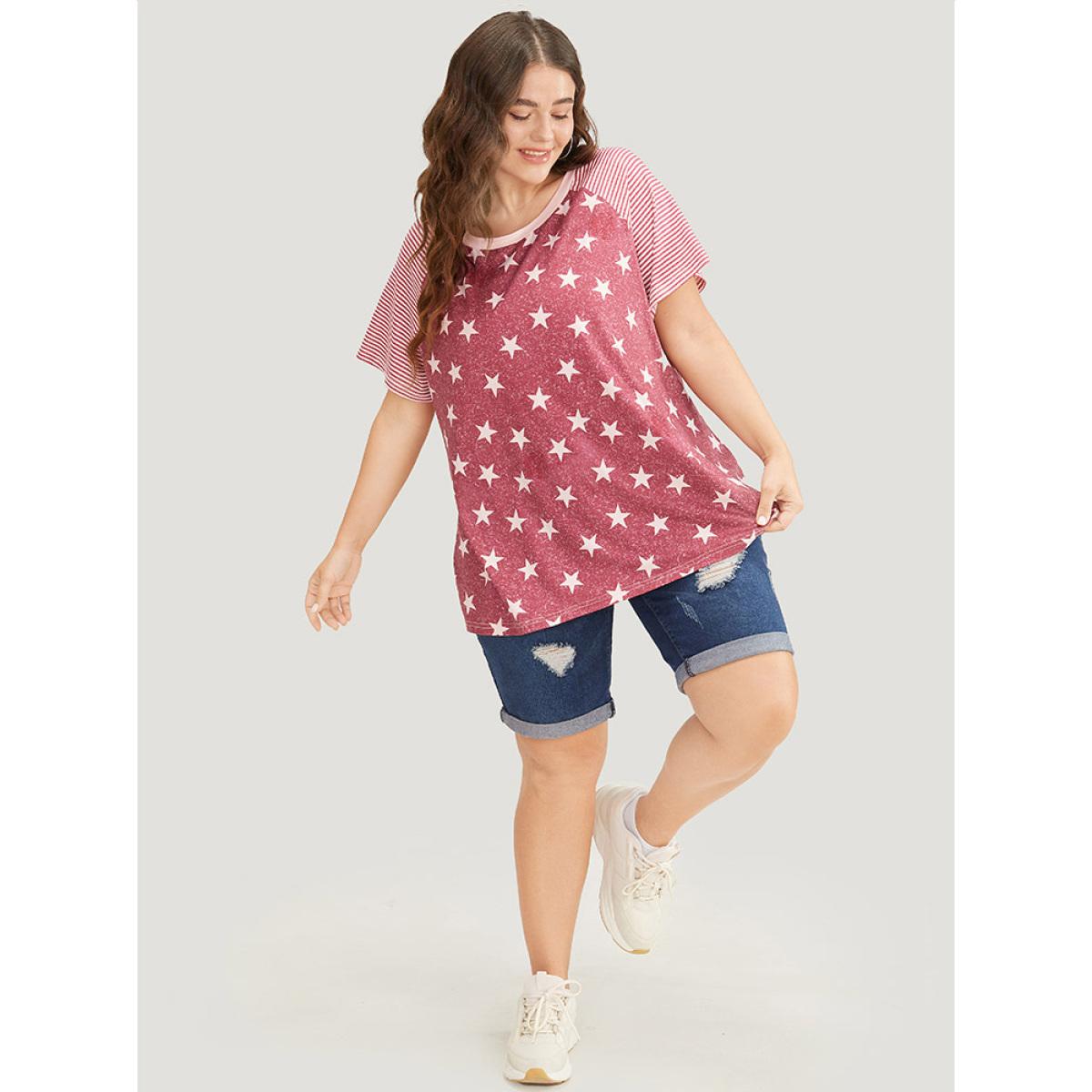 Plus Size Star Patchwork Striped Raglan Sleeve T-shirt Russet Women Casual Moon and Star Round Neck Dailywear T-shirts BloomChic 26/4X Product Image