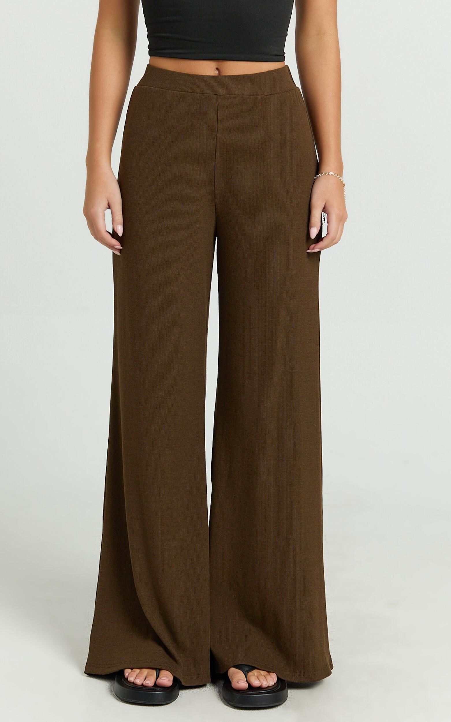 Amalthea Pants - High Waisted Jersey Rib Wide Leg Pants in Chocolate Product Image