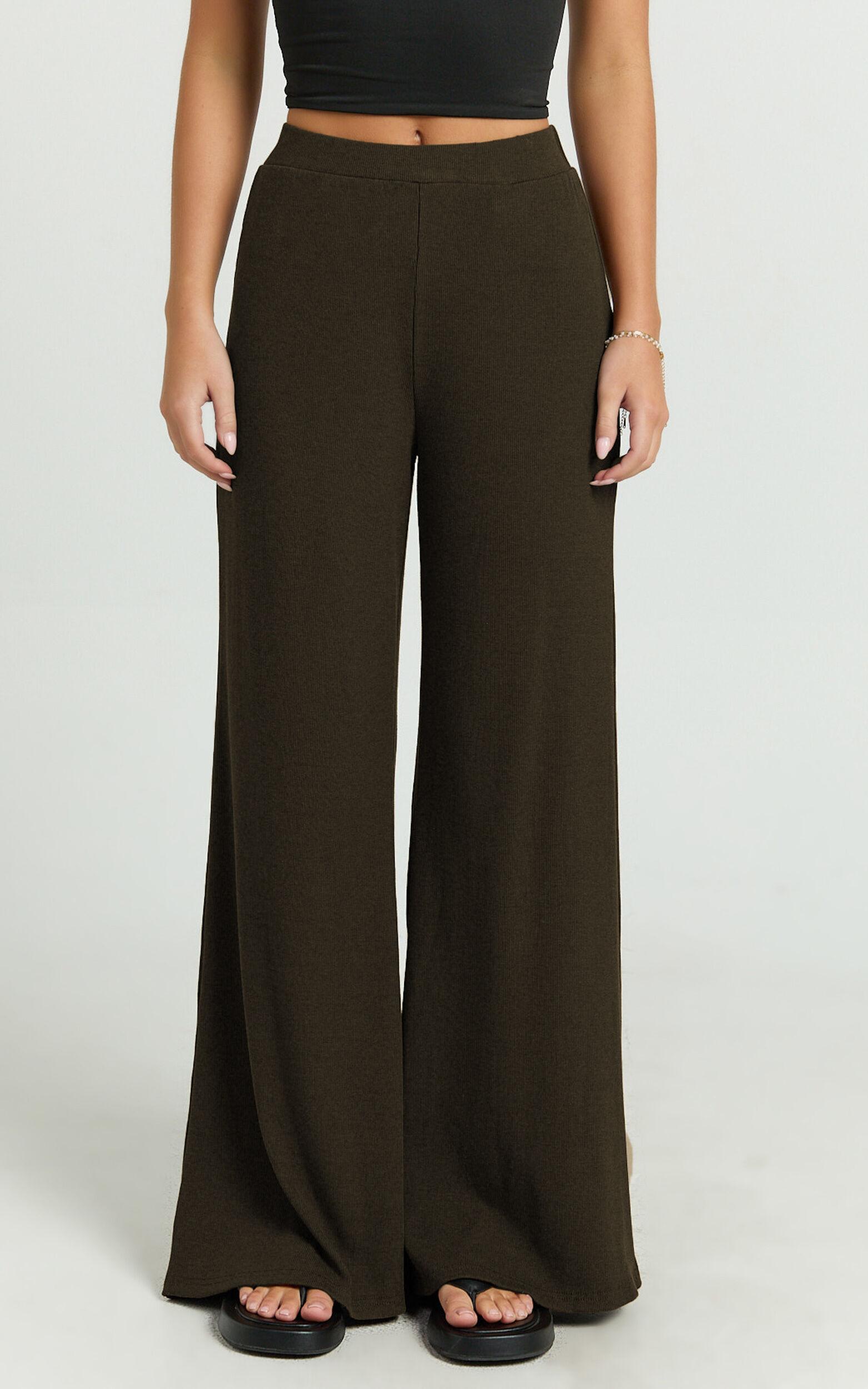 Amalthea Pants - High Waisted Jersey Rib Wide Leg Pants in Chocolate Product Image
