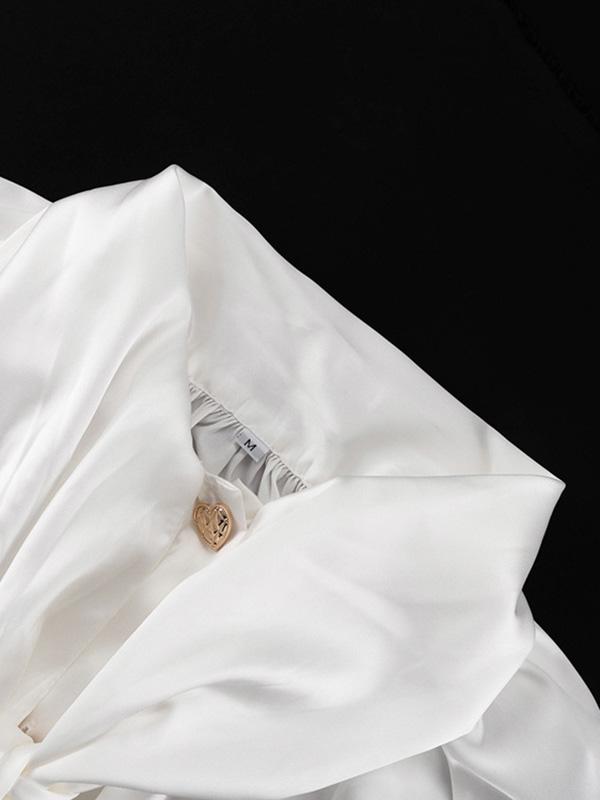 Loose Puff Sleeves Elasticity See-Through Solid Color Split-Joint Streamer High Neck Mini Dresses Shirt Dress Product Image