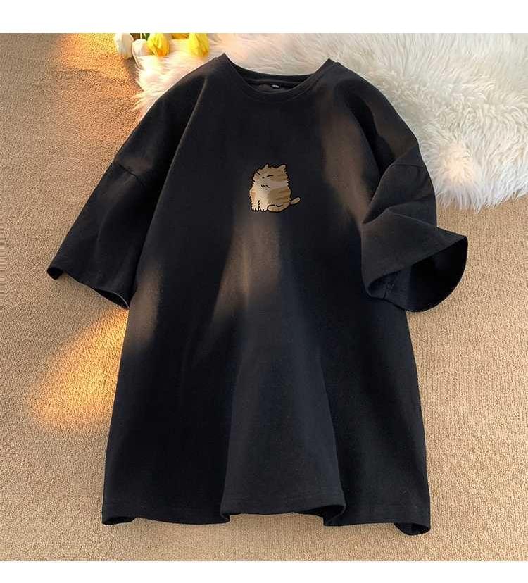 Elbow-Sleeve Round Neck Cartoon Print Tee Product Image