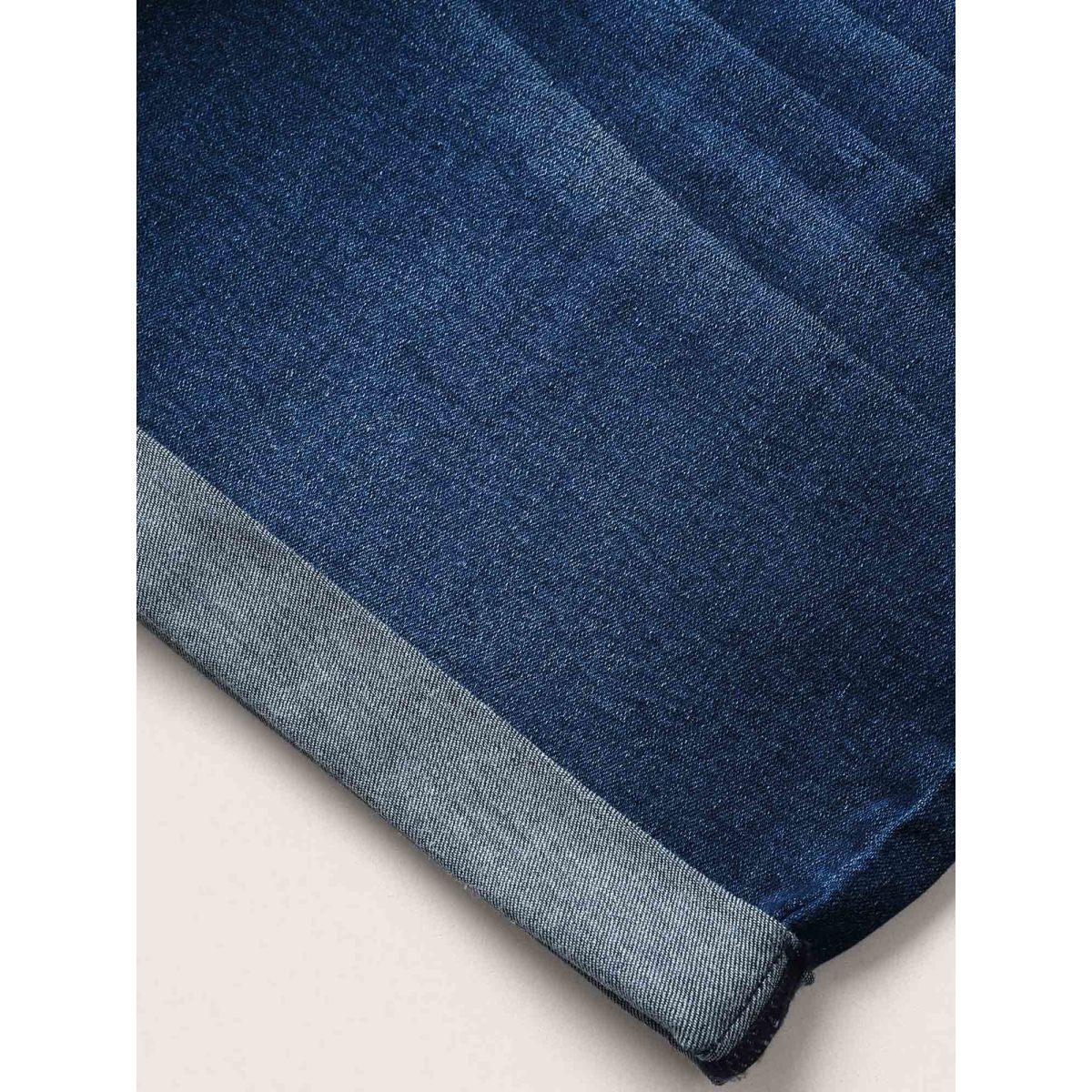 Plus Size Dark Wash Button Detail Roll Hem Denim Shorts Women Indigo Non High stretch Everyday Slanted pocket Elegant Denim Shorts BloomChic 16/1X Product Image