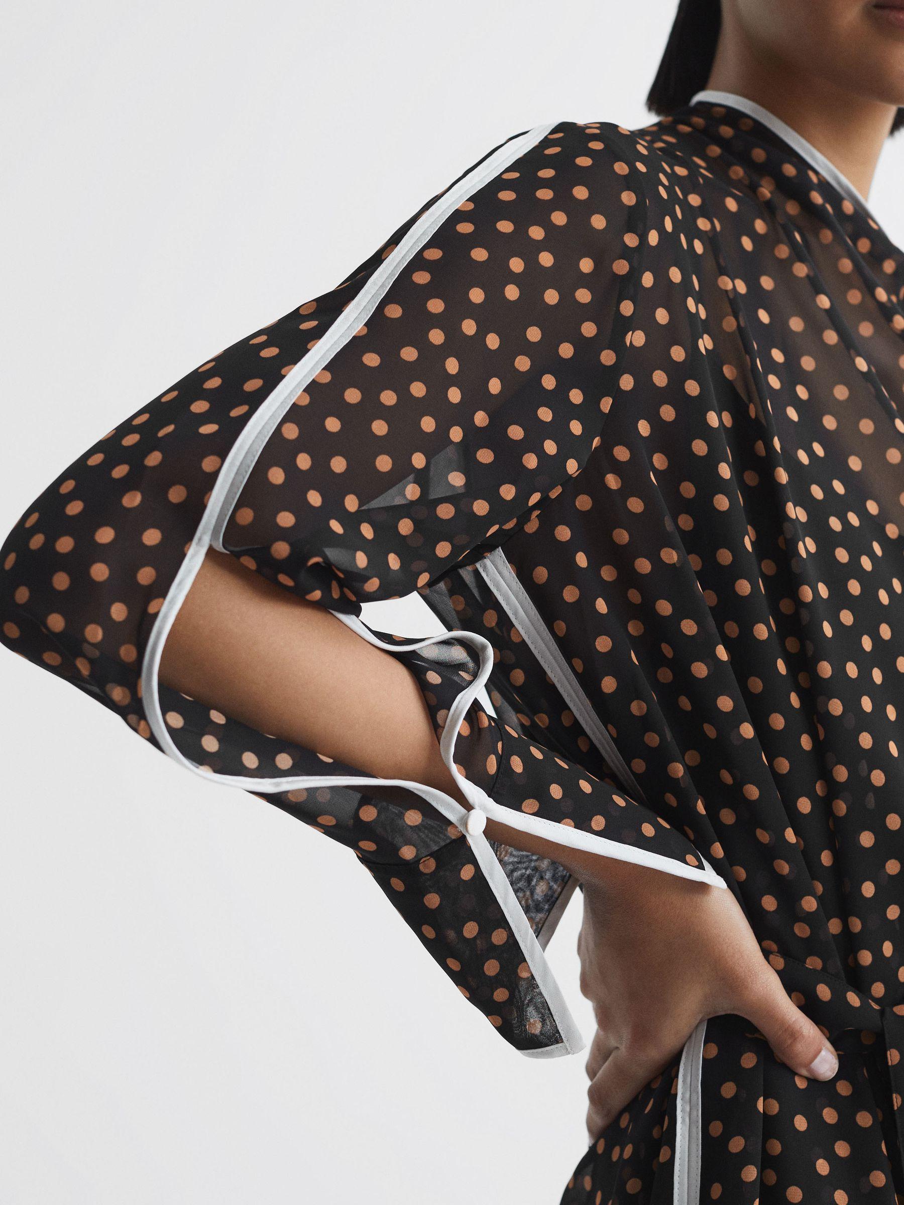 Polka Dot Tie Neck Midi Dress in Black/Brown Product Image