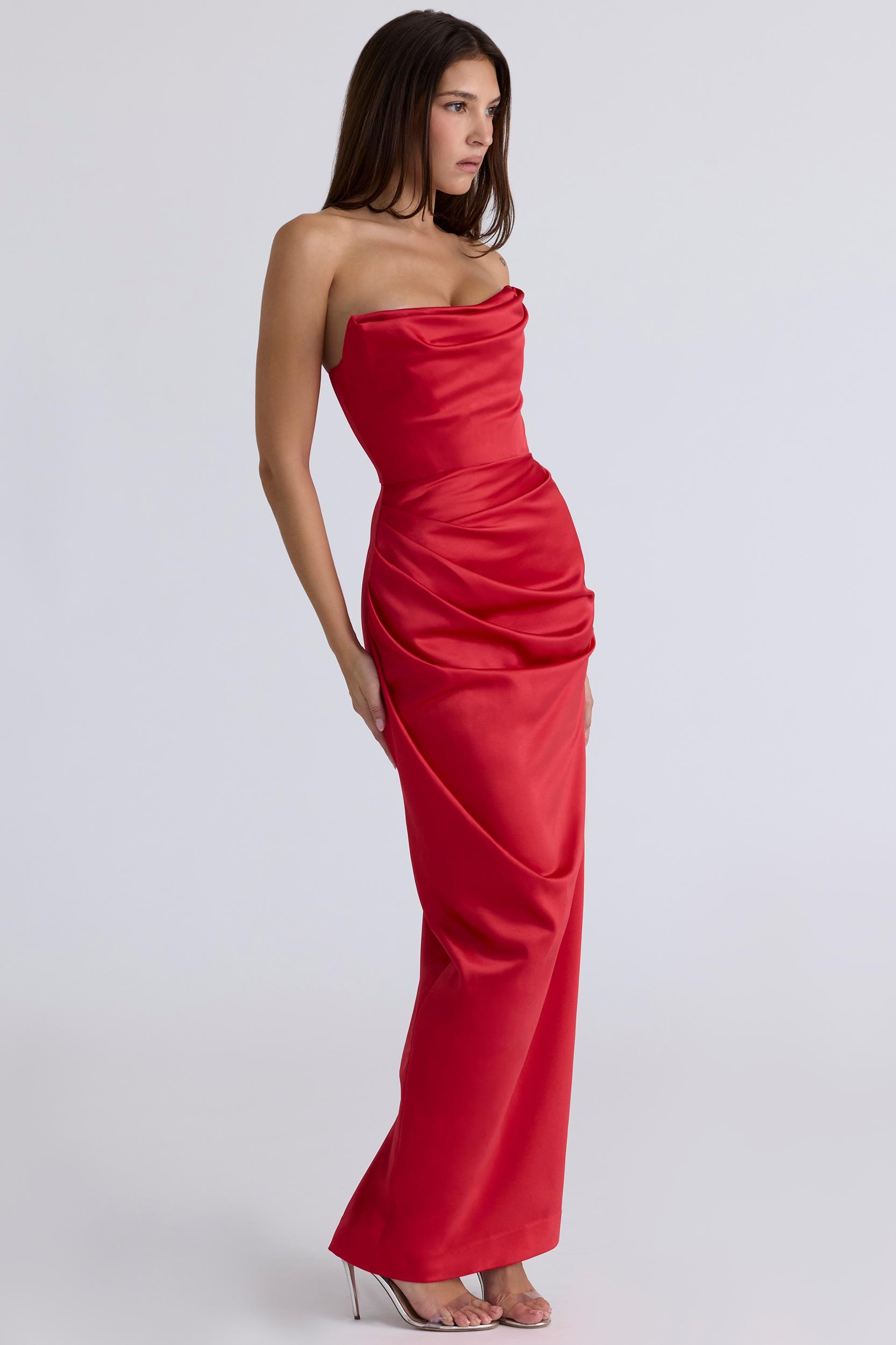 Adrienne  scarlet satin strapless gown Product Image