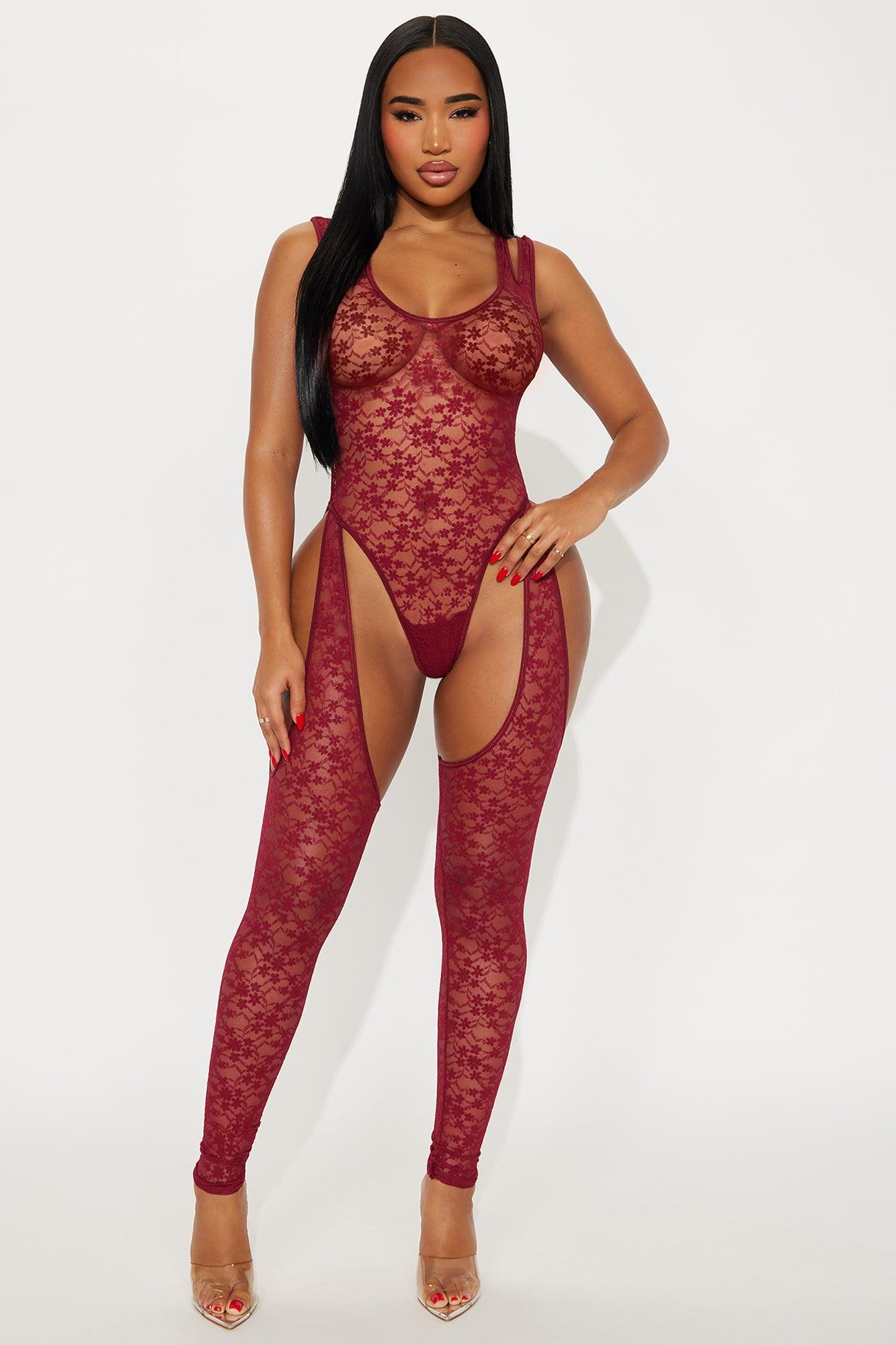 Laced To Break Lace Bodystocking - Wine Female Product Image