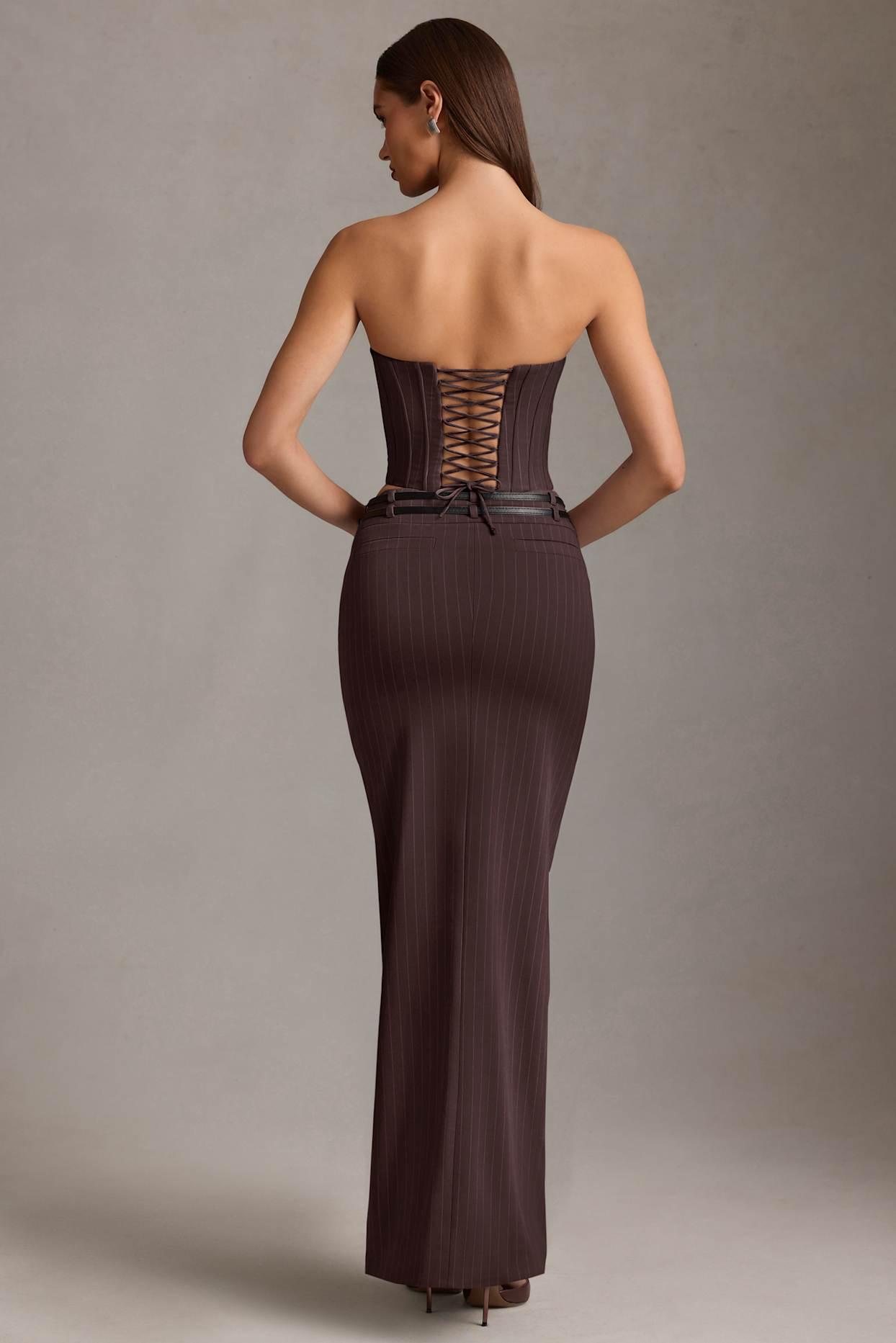 Pinstripe Low-Rise Maxi Skirt in Chocolate Brown Product Image