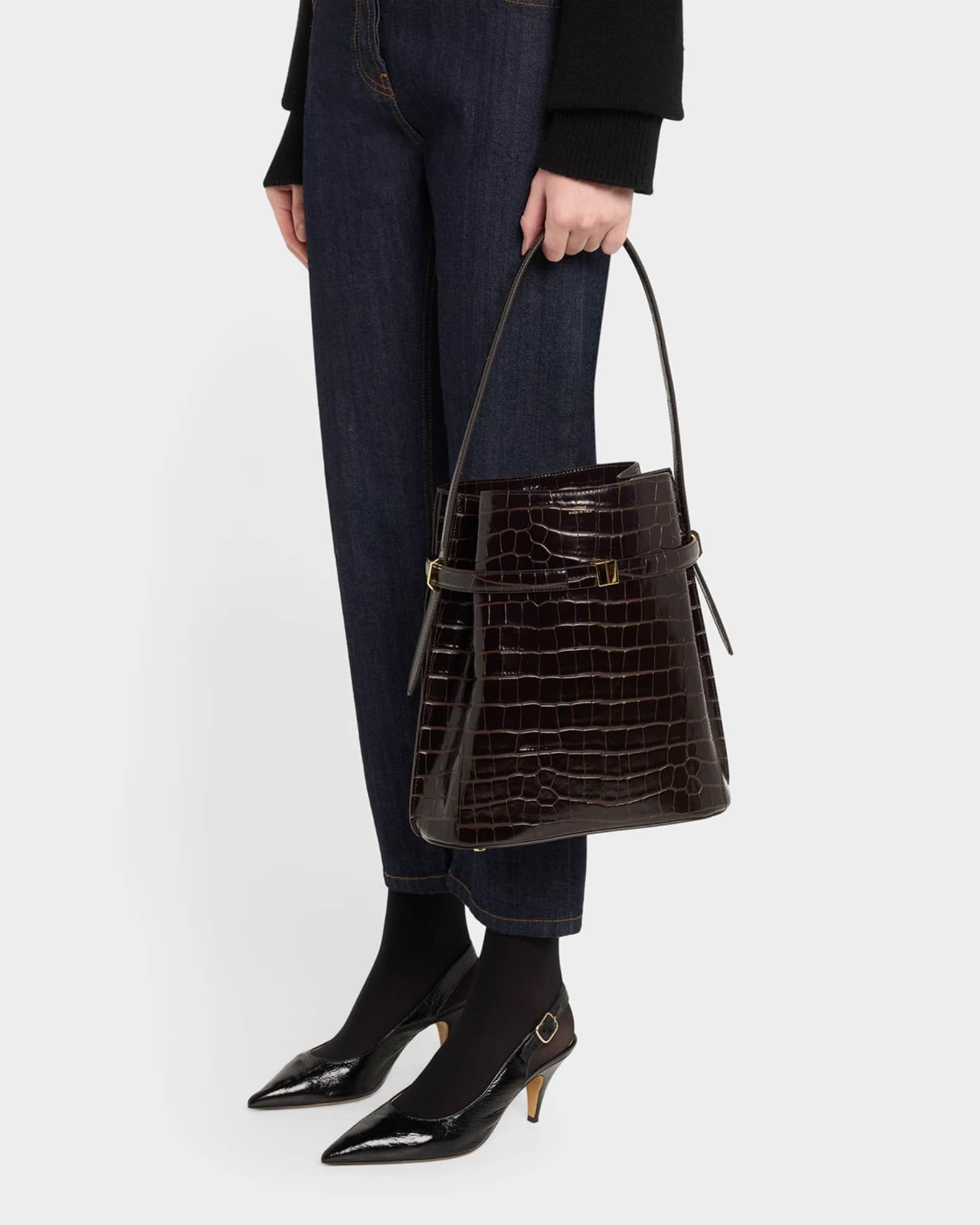 Belted Croc-Embossed Leather Bucket Bag Product Image
