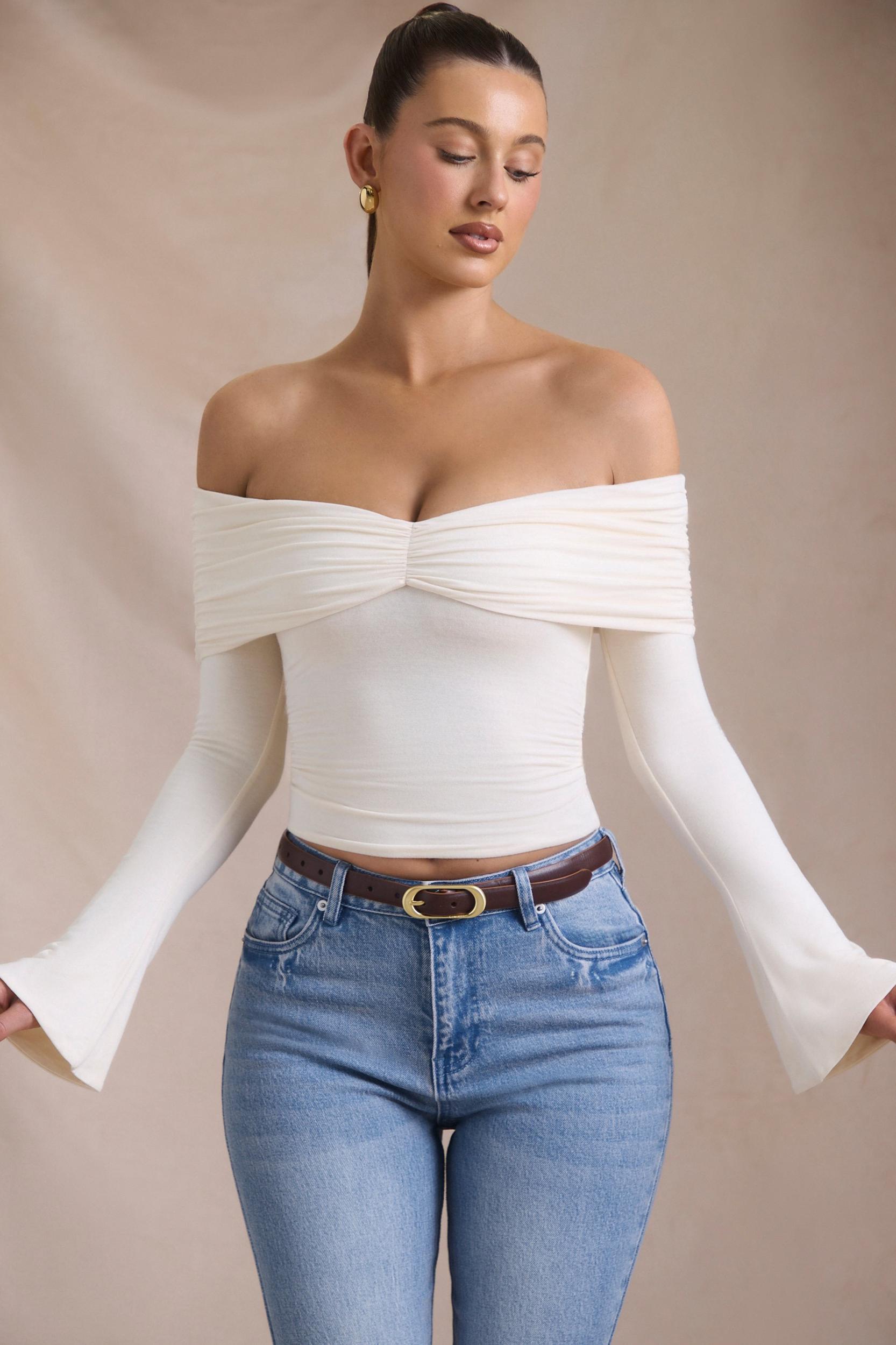Modal-Cashmere Blend Off-Shoulder Ruched Top in Ivory Product Image