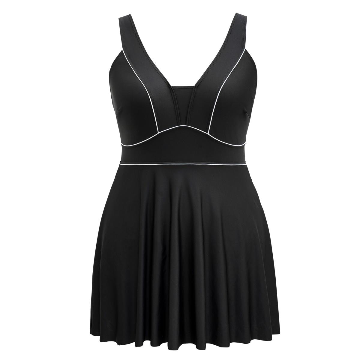 Plus Size Contrast Trim Adjustable Straps Swim Dress Women's Swimwear Black Beach Bodycon V-neck High stretch Curve Swim Dresses BloomChic 26/4X Product Image