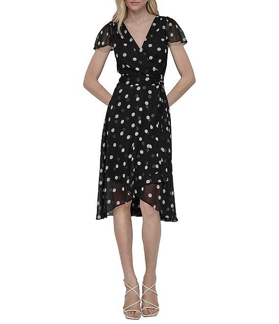 DKNY by Donna Karan Chiffon Dotted Print V Neck Short Flutter Sleeve Belted Wrap Midi Dress Product Image