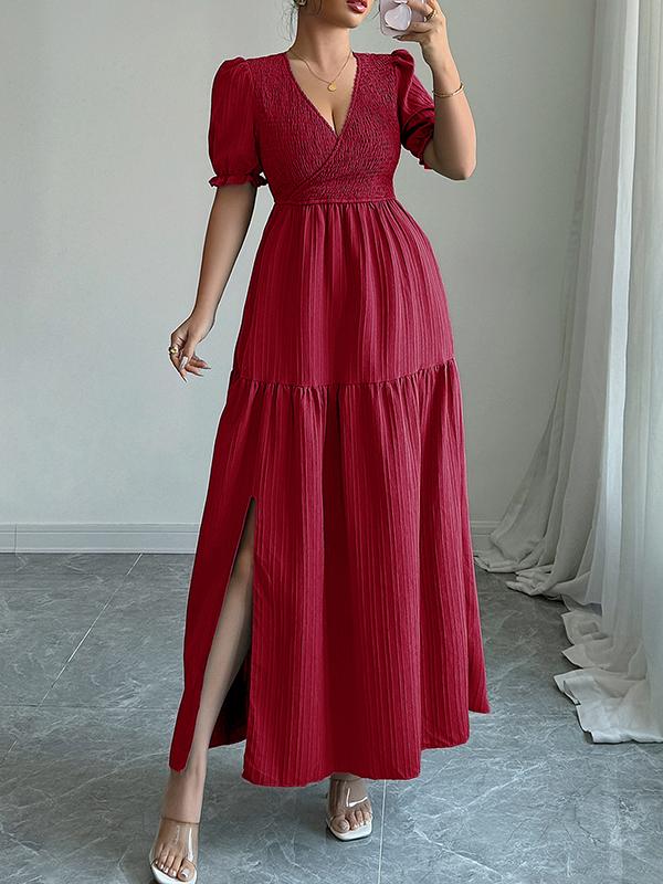 Half Sleeves High Waisted Pleated Solid Color Split-Front V-Neck Maxi Dresses Product Image