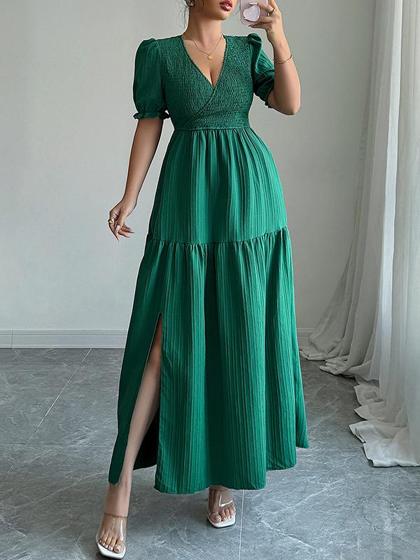 Half Sleeves High Waisted Pleated Solid Color Split-Front V-Neck Maxi Dresses Product Image