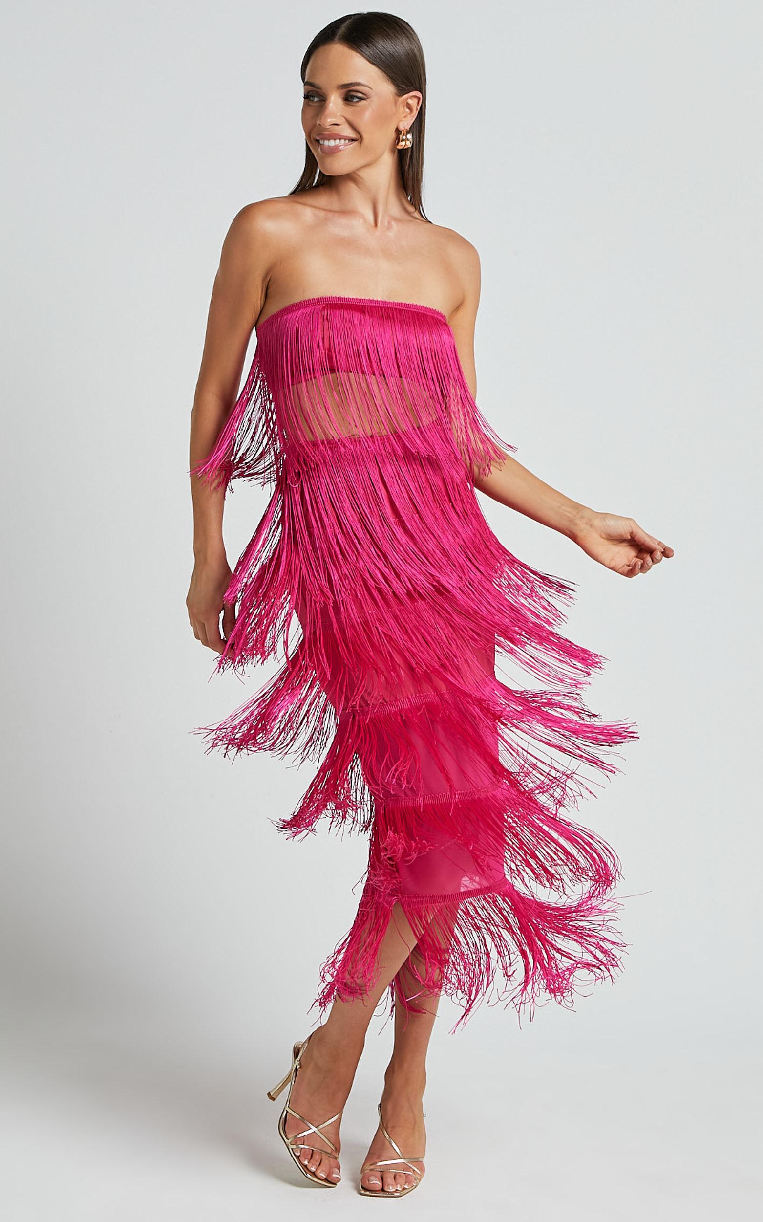 Amalee Two Piece Set - Fringe Strapless Crop Top and Midi Skirt Set in Pink Product Image