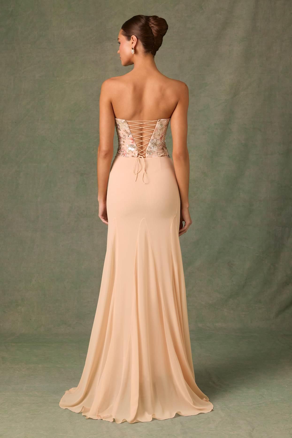 Embellished Corset Fishtail Gown in Floral Beige Product Image