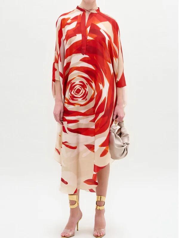 Half Sleeves Loose Flower Print Tied Round-Neck Midi Dresses Product Image