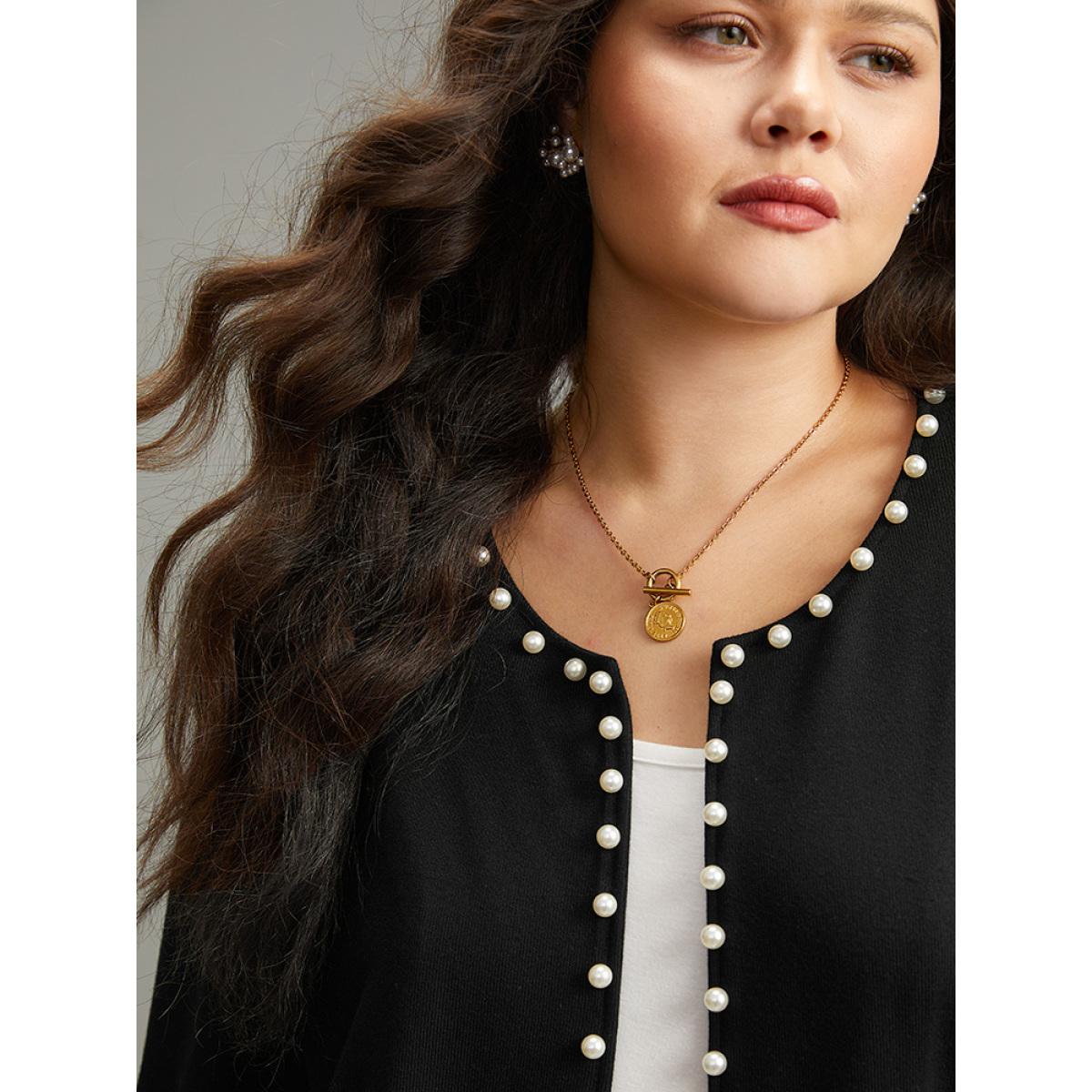 Plus Size Solid Pearl Beaded Open Front Coat Women Black Elegant Beaded Ladies Dailywear Winter Coats BloomChic 18-20/2X Product Image