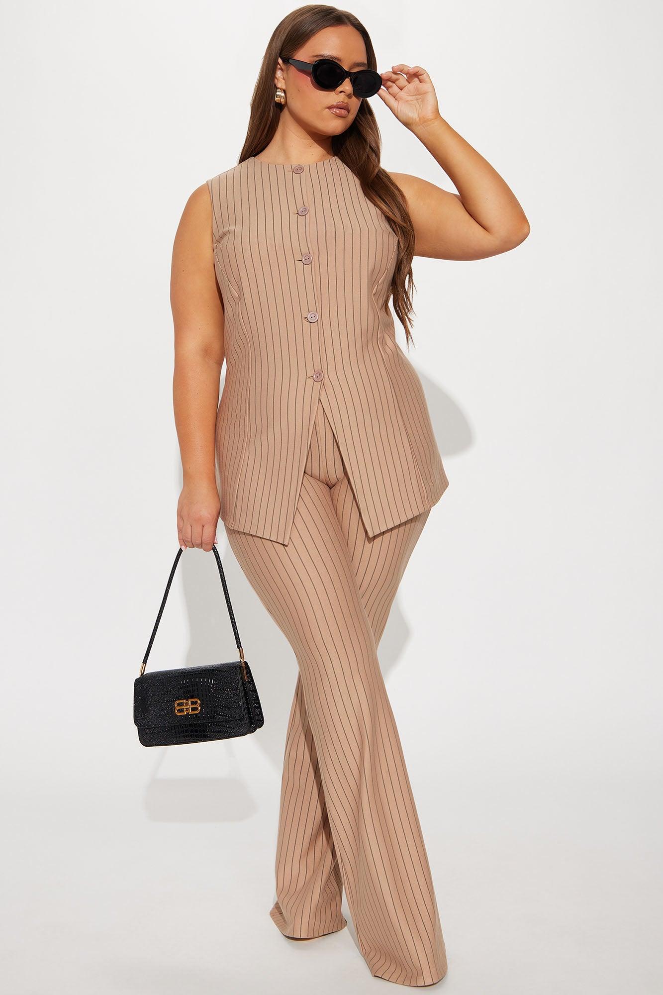 Like A Boss Pinstripe Vest And Pant Set - Taupe Product Image