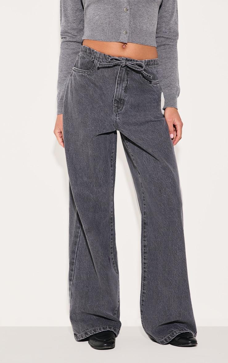 Grey Low Rise Tie Waistband Wide Leg Jeans Product Image