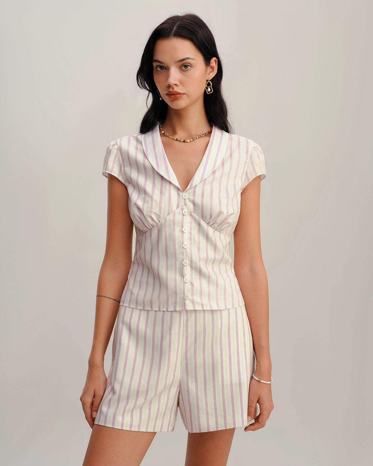 Pink Striped Cap Sleeve Button Blouse Product Image