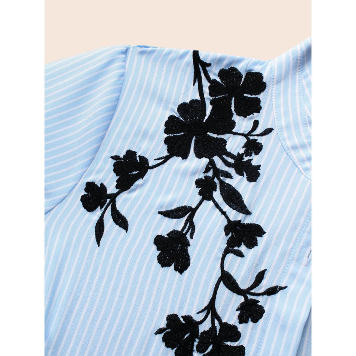 Plus Size LightBlue Floral Embroidered Striped Patched Pocket Blouse Women Elegant Elbow-length sleeve Shirt collar Everyday Blouses BloomChic 28/5X Product Image
