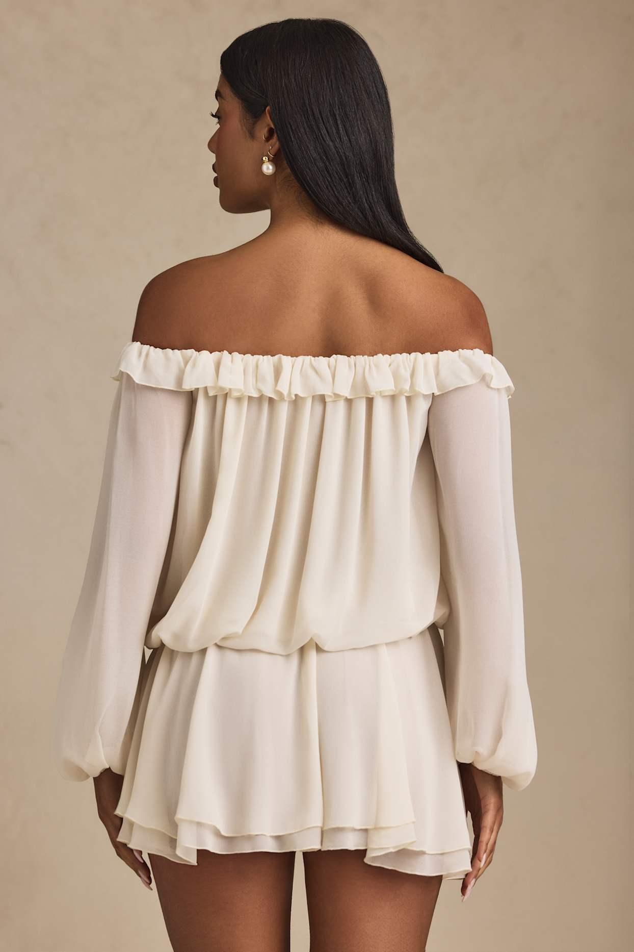 Off-Shoulder Asymmetric Balloon-Sleeve Mini Dress in Ivory Product Image