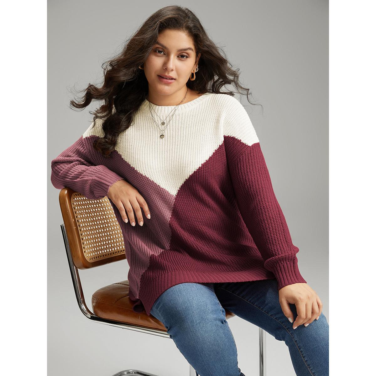 Plus Size Colorblock Split Side Drop Shoulder Pullover Scarlet Women Casual Loose Long Sleeve Round Neck Dailywear Pullovers BloomChic 10/M Product Image
