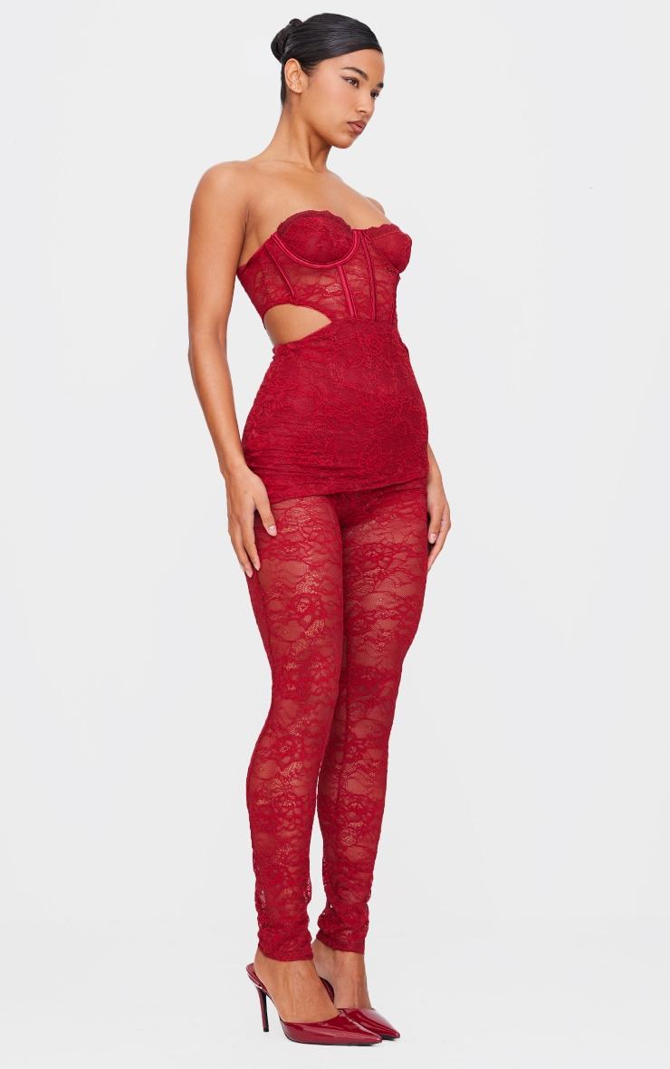 Burgundy Lace Cut Out Corset Detailed Jumpsuit Product Image